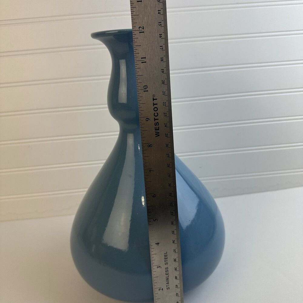 Vintage 80s Modern Ceramic Gourd Flower Vase Blue Glossy Glaze #454 Made in USA - Picture 4 of 7